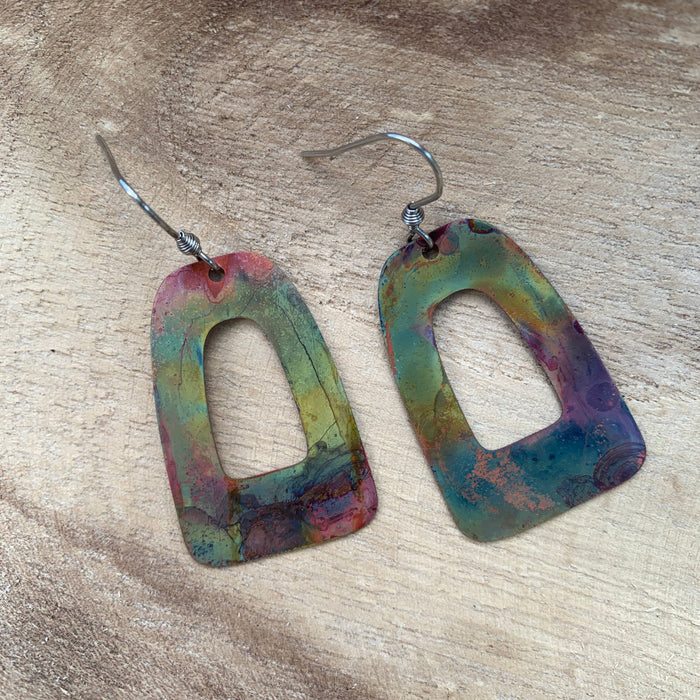 Boho Frame Copper Earrings, handmade fire-painted copper dangle earrings with a lightweight bohemian design