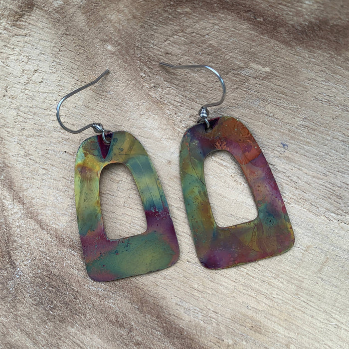 Boho Frame Copper Earrings handmade fire-painted copper dangle earrings on stainless steel ear wires