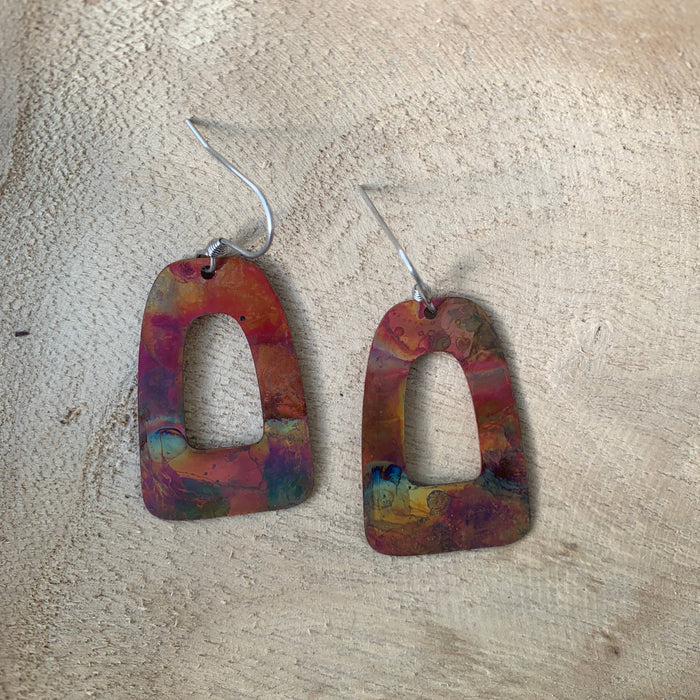 Boho Frame Copper Earrings showcasing one-of-a-kind fire-painted copper craftsmanship
