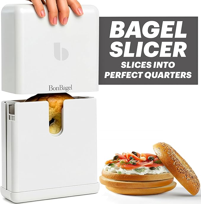 BonBagel Bagel Slicer Cutter for Small and Large Bagels, Auto-Center, White