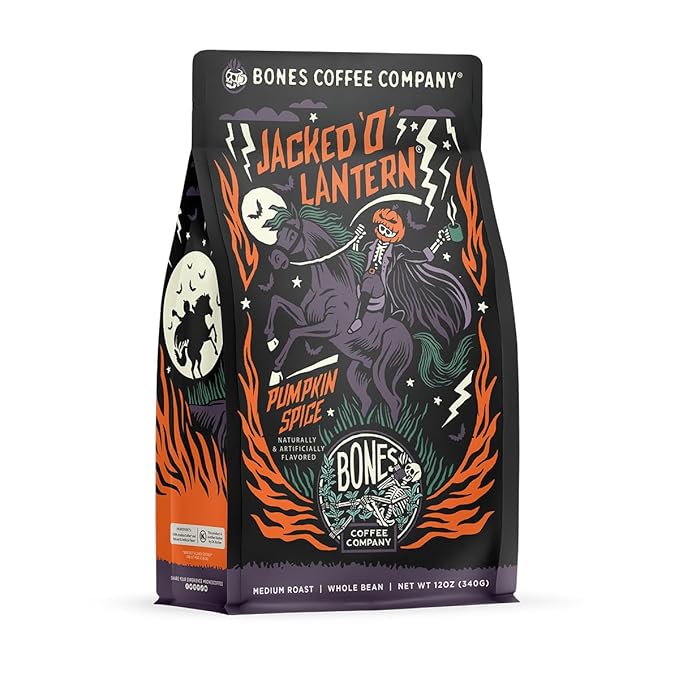 Bones Coffee Company Jacked 'O' Lantern, Pumpkin Spice Flavored Coffee, Medium Roast Low Acid Arabica Beans Compatible with Auto drip and French Press Coffee Maker, 12 Oz Whole Bean