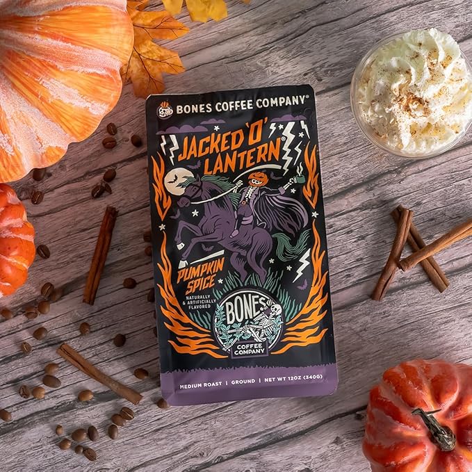 Bones Coffee Company Jacked 'O' Lantern, Pumpkin Spice Flavored Coffee, Medium Roast Low Acid Arabica Beans Compatible with Auto drip and French Press Coffee Maker, 12 Oz Whole Bean