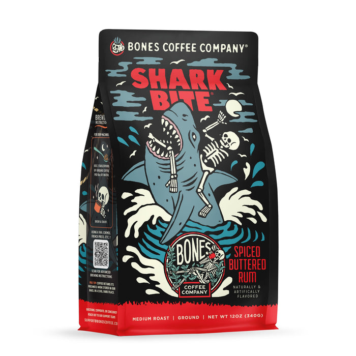 Bones Coffee Company Shark Bite, Buttered Rum Flavored Coffee, Medium Roast Low Acid Arabica Beans Compatible with Auto drip and French Press Coffee Maker, 12 Oz Ground