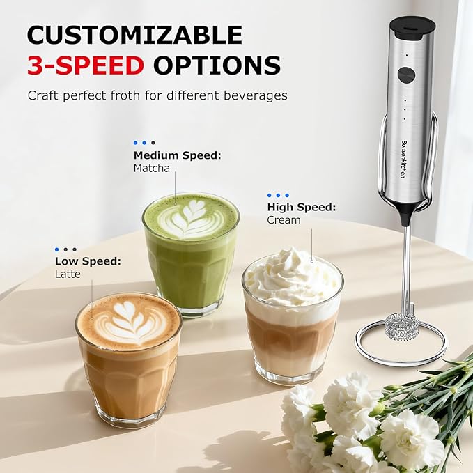 Bonsenkitchen Rechargeable Milk Frother with Stand, 3-Speed Handheld Coffee