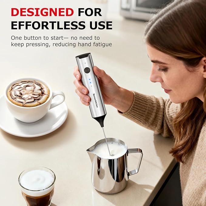 Bonsenkitchen Rechargeable Milk Frother with Stand, 3-Speed Handheld Coffee