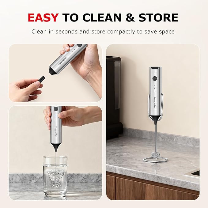 Bonsenkitchen Rechargeable Milk Frother with Stand, 3-Speed Handheld Coffee