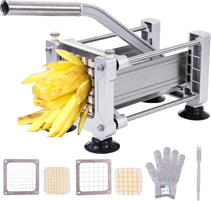 BotaBay Commercial Vegetable Fruit Chopper 1/4″&3/8″ Blade Heavy Duty Professional Food Dicer Kattex French Fry Cutter Onion Slicer Stainless Steel for Tomato Peppers Potato (16in Hand Pressure Style)