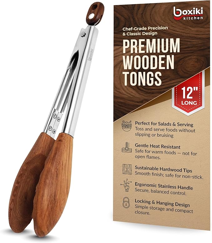 Boxiki Kitchen Wooden Tongs for Cooking - Nonstick Kitchen Salad Tongs for Serving Food, Grilling, Cooking, BBQ and Tossing Salad - Made of Natural Walnut Wood, Size 12-inch