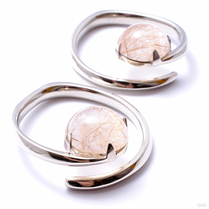 Brass Hoop Coils with Stone Cabochons from Diablo Organics with rutilated quartz