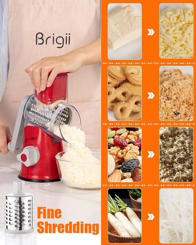 Brigii Rotary Cheese Grater Hand Crank, Cheese Shredder with 3 Drum Blades, Mandoline Slicer, Food Chopper for Hard Cheese, Vegetable, Nuts, Potato