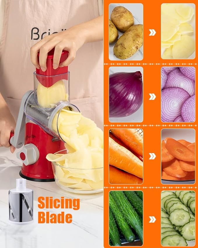Brigii Rotary Cheese Grater Hand Crank, Cheese Shredder with 3 Drum Blades, Mandoline Slicer, Food Chopper for Hard Cheese, Vegetable, Nuts, Potato