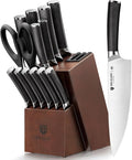 BRODARK 15PCS Kitchen Knife Set with Block and Dual Sharpener,Wooden Handle