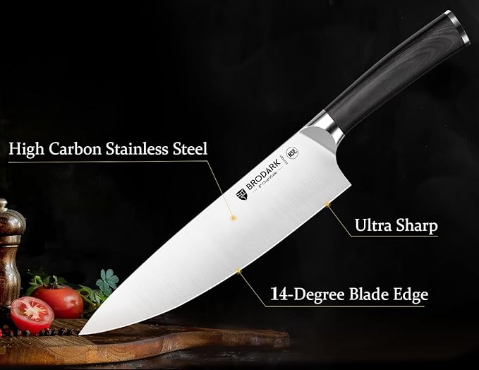 BRODARK 15PCS Kitchen Knife Set with Block and Dual Sharpener,Wooden Handle