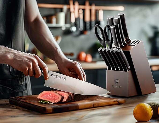BRODARK 15PCS Kitchen Knife Set with Block and Dual Sharpener,Wooden Handle