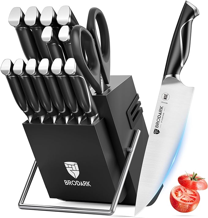 BRODARK 15PCS Kitchen Knife Set with Block and Sharpener, Full Tang Handle