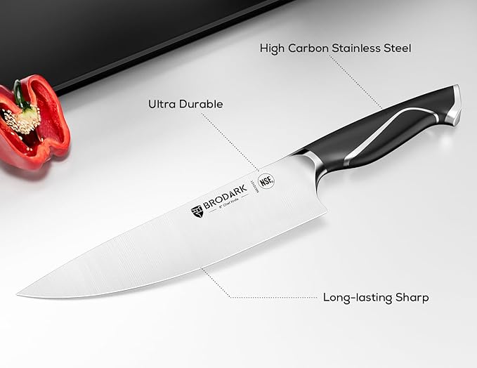 BRODARK 15PCS Kitchen Knife Set with Block and Sharpener, Full Tang Handle