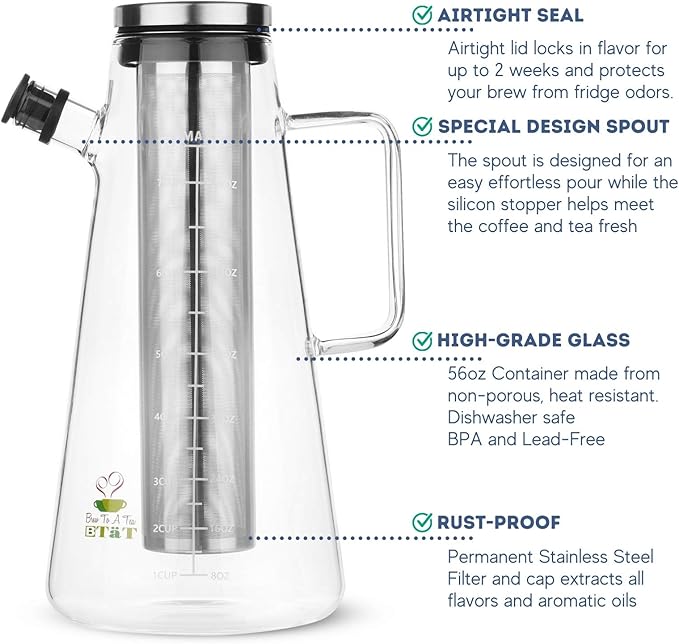 BTaT- Airtight Cold Brew Coffee Maker Pitcher, 2 Liter / 64 oz