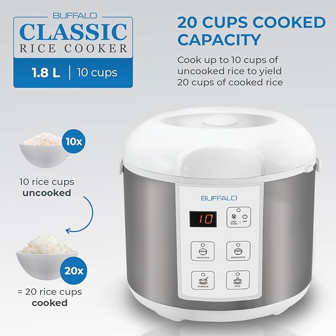 Buffalo Rice Cooker Stainless Steel Inner Pot Rice Maker Large, 10 Cup