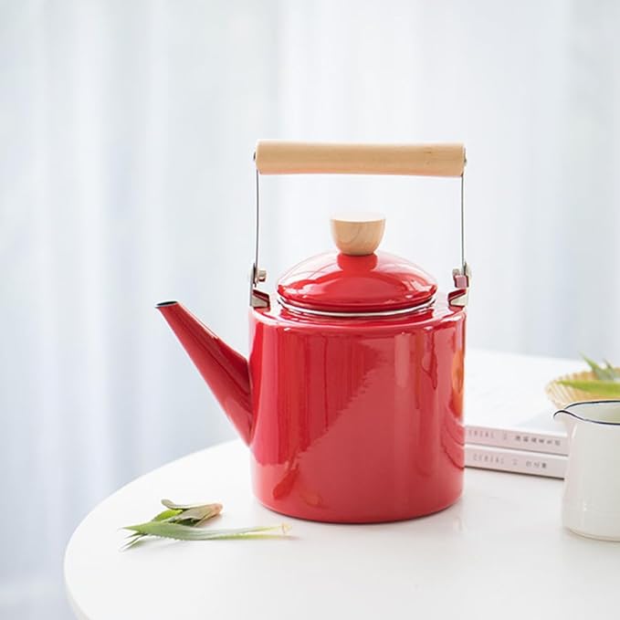 Cabilock Enamel Tea Kettle with Wooden Handle 2.4L Stovetop Water Kettle for Boiling Hot Water Coffee and Tea Suitable for Gas and Induction Cookers