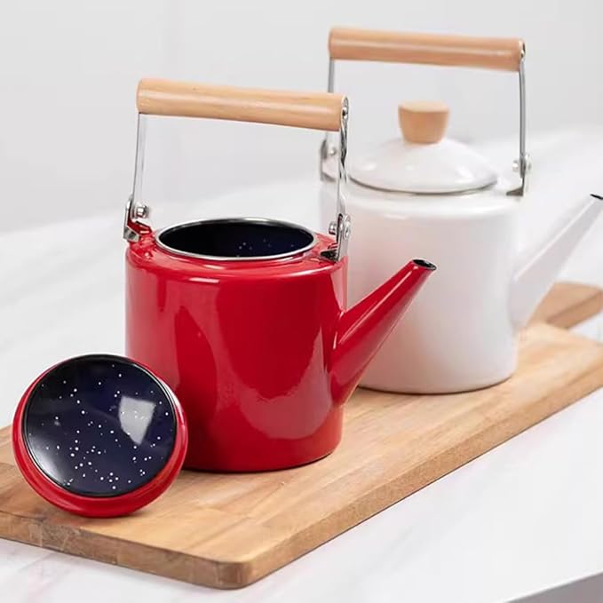 Cabilock Enamel Tea Kettle with Wooden Handle 2.4L Stovetop Water Kettle for Boiling Hot Water Coffee and Tea Suitable for Gas and Induction Cookers