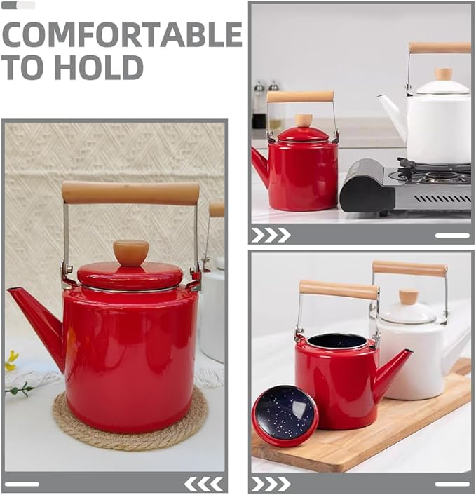 Cabilock Enamel Tea Kettle with Wooden Handle 2.4L Stovetop Water Kettle for Boiling Hot Water Coffee and Tea Suitable for Gas and Induction Cookers
