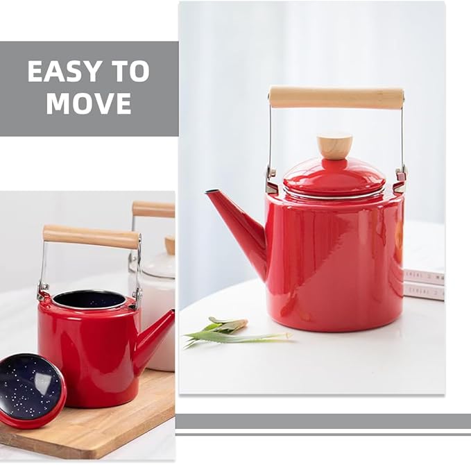 Cabilock Enamel Tea Kettle with Wooden Handle 2.4L Stovetop Water Kettle for Boiling Hot Water Coffee and Tea Suitable for Gas and Induction Cookers