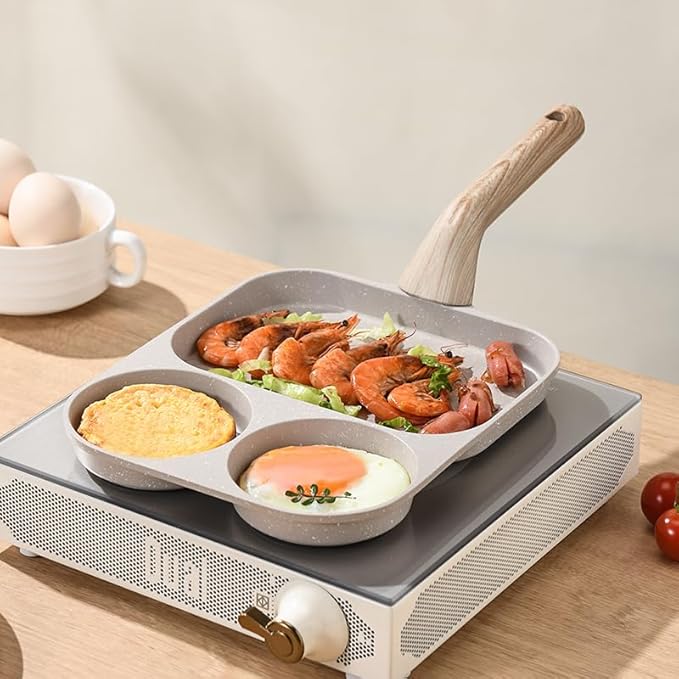 CANLK CLANK 3-in-1 Nonstick Egg Pan with Divided Nonstick Griddle, Multi-Function Breakfast Pan/Pancake Pan for Gas and Induction Cooktops, White Granite Texture