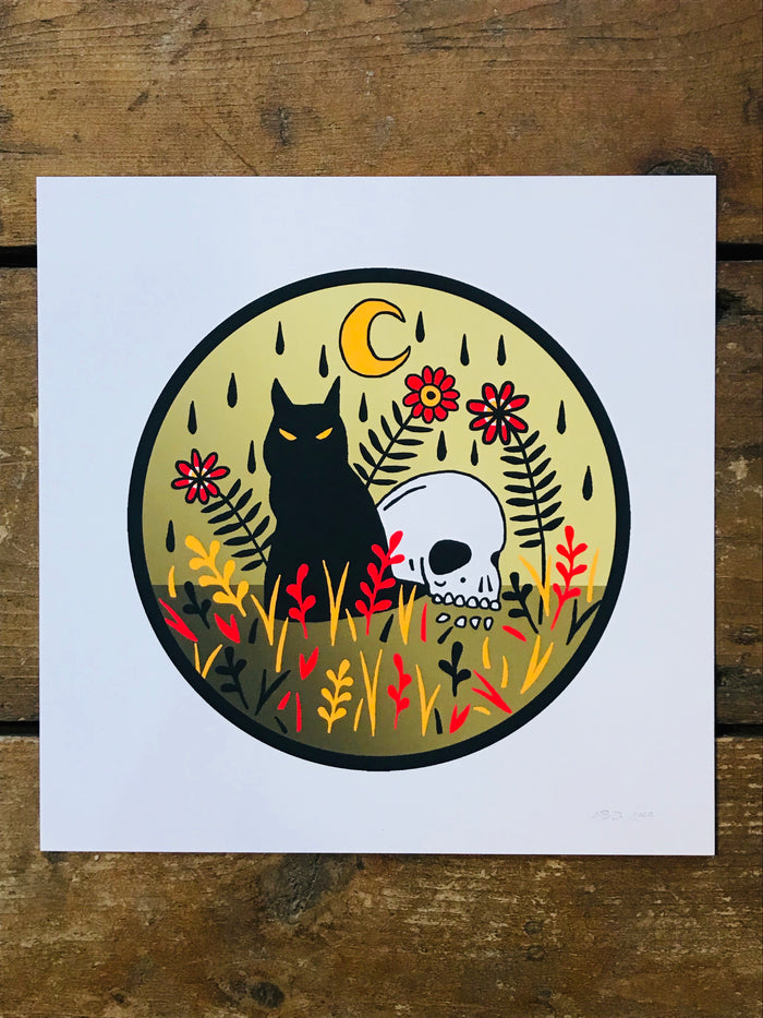 Cat and Skull 8” by 8” Giclee Print by Kris Johnsen