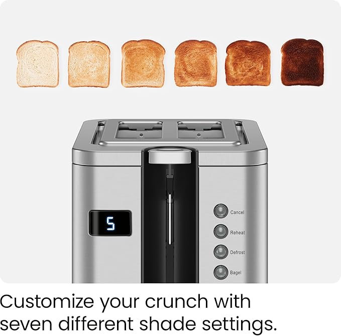 Chefman 2-Slice Digital Toaster, Pop-Up, Stainless Steel, Extra-Wide Slots For Bagels, Defrost, Reheat, Cancel Functions, Removable Crumb Tray
