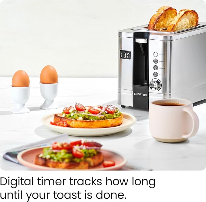 Chefman 2-Slice Digital Toaster, Pop-Up, Stainless Steel, Extra-Wide Slots For Bagels, Defrost, Reheat, Cancel Functions, Removable Crumb Tray