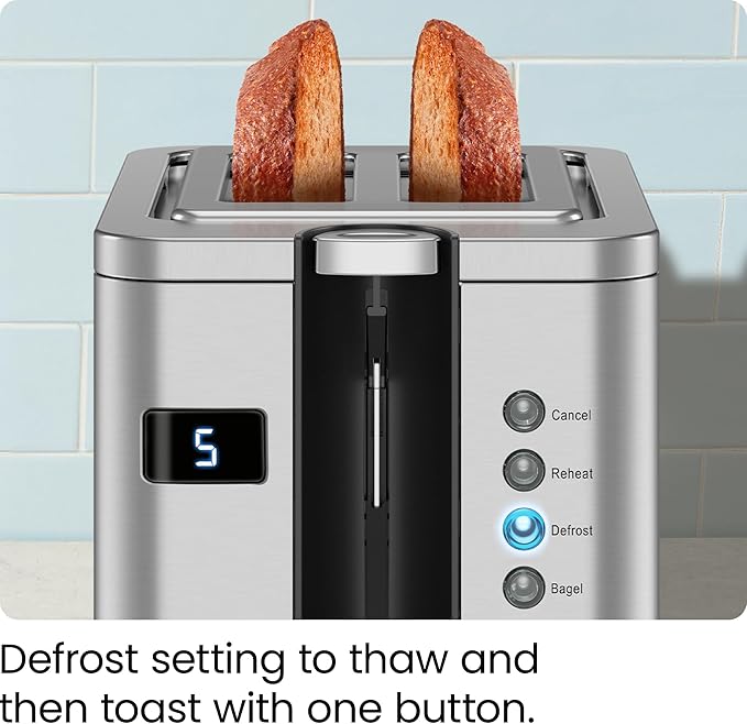 Chefman 2-Slice Digital Toaster, Pop-Up, Stainless Steel, Extra-Wide Slots For Bagels, Defrost, Reheat, Cancel Functions, Removable Crumb Tray