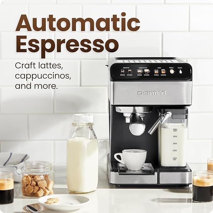 Chefman CaféMaster Pro Espresso Machine, Brew Single or Double Shots, Coffee Maker with Built-In Milk Frother for Cappuccino & Latte, XL 1.8 Liter Removable Water Reservoir - Stainless Steel
