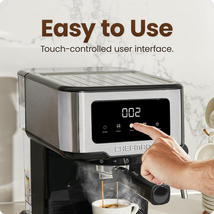 Chefman CraftBrew Espresso Machine, 15-Bar Pump Digital Espresso Maker w/Steam Wand for Latte & Cappuccino, Compact Espresso Coffee Machine w/ 1.5L Removable Water Reservoir - Stainless Steel