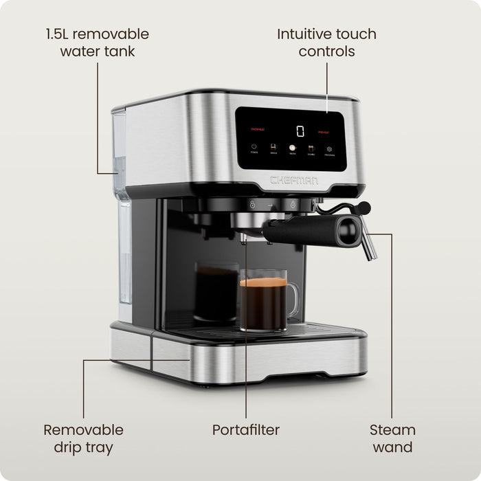 Chefman CraftBrew Espresso Machine, 15-Bar Pump Digital Espresso Maker w/Steam Wand for Latte & Cappuccino, Compact Espresso Coffee Machine w/ 1.5L Removable Water Reservoir - Stainless Steel