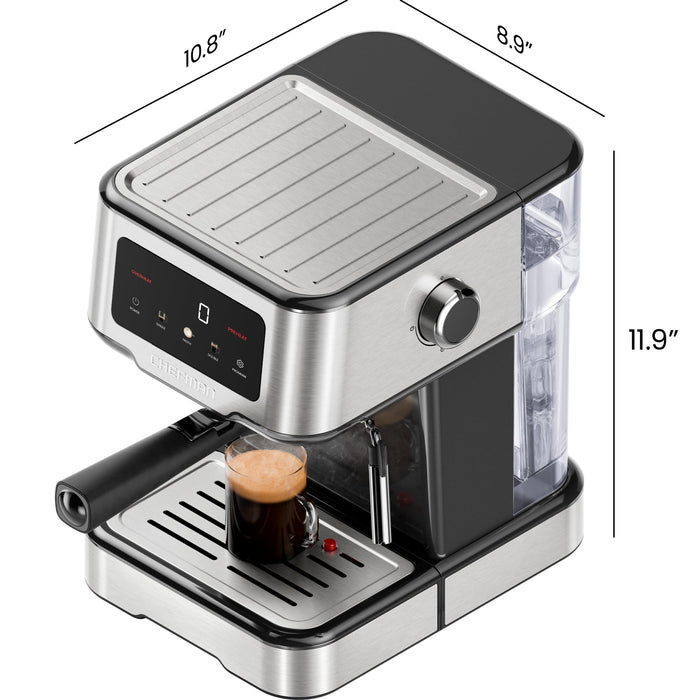 Chefman CraftBrew Espresso Machine, 15-Bar Pump Digital Espresso Maker w/Steam Wand for Latte & Cappuccino, Compact Espresso Coffee Machine w/ 1.5L Removable Water Reservoir - Stainless Steel