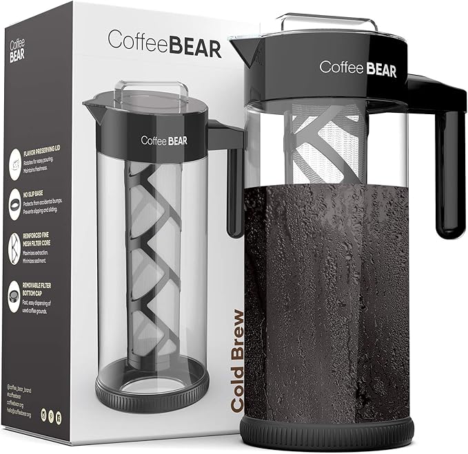 COFFEE BEAR – Cold Brew Coffee Maker and Iced Tea Brewer, Large 1.3L (44oz) Borosilicate Glass Pitcher with Reusable Mesh Filter, Easy to Clean, Dishwasher Safe