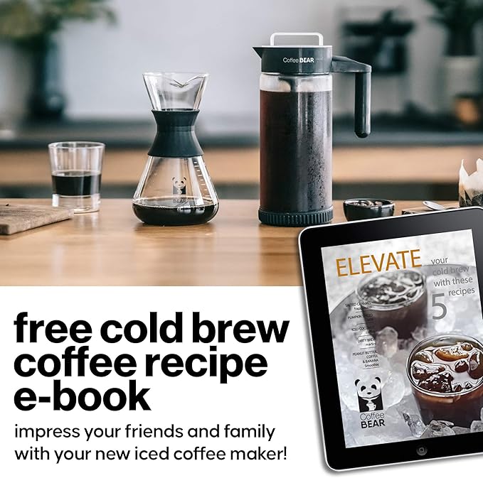 COFFEE BEAR – Cold Brew Coffee Maker and Iced Tea Brewer, Large 1.3L (44oz) Borosilicate Glass Pitcher with Reusable Mesh Filter, Easy to Clean, Dishwasher Safe