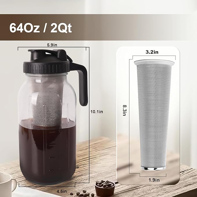 Cold Brew Coffee Maker - 64 Oz Heavy-Duty Glass Mason Jar Pitcher with Stainless Steel Filter, Leak-Proof Lid, Ergonomic Handle & Precision Pour Spout – Ideal for Iced Coffee, Tea, Cold Brew (Black)