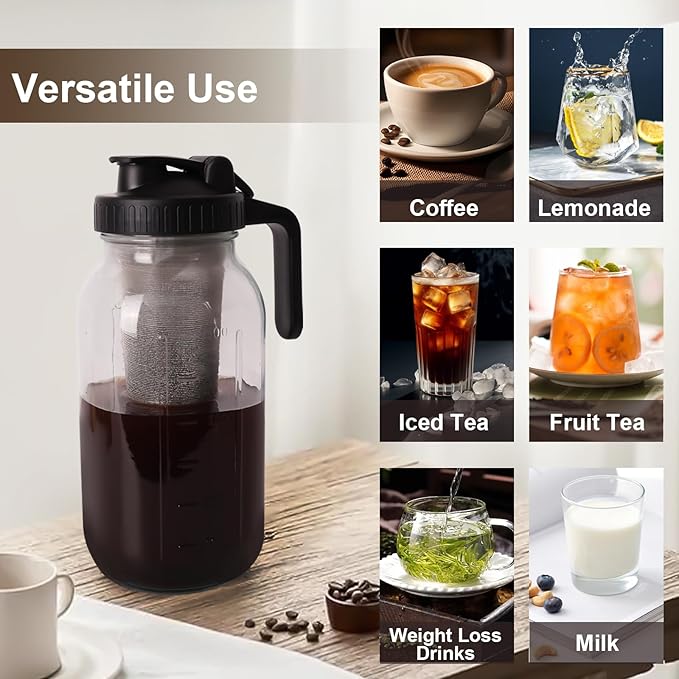 Cold Brew Coffee Maker - 64 Oz Heavy-Duty Glass Mason Jar Pitcher with Stainless Steel Filter, Leak-Proof Lid, Ergonomic Handle & Precision Pour Spout – Ideal for Iced Coffee, Tea, Cold Brew (Black)