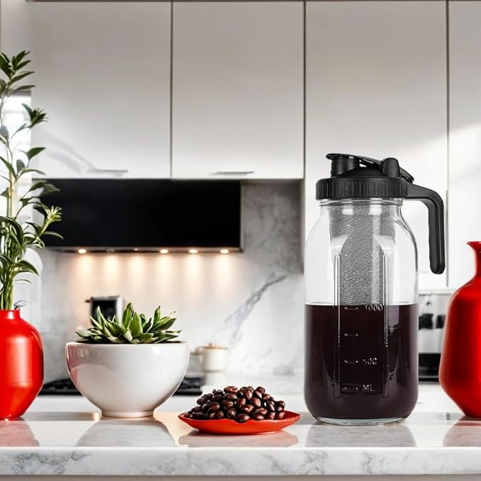 Cold Brew Coffee Maker - 64 Oz Heavy-Duty Glass Mason Jar Pitcher with Stainless Steel Filter, Leak-Proof Lid, Ergonomic Handle & Precision Pour Spout – Ideal for Iced Coffee, Tea, Cold Brew (Black)