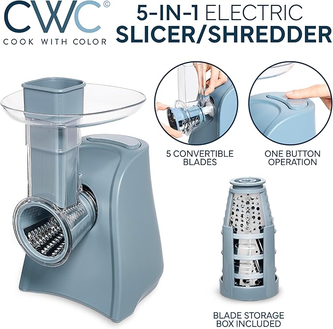COOK WITH COLOR 5-in-1 Electric Slicer, 150W Food Prep Machine – Parmesan Shredder, Fine & Coarse Graters, Potato Grater, Vegetable Slicer, Compact Design for Bowl Prep, Blue/Grey