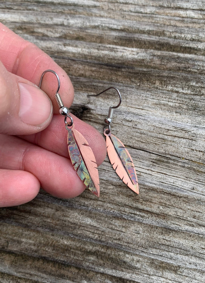 Copper Mini Feather Earrings by Positive Shine Jewelry, petite fire-painted and brushed copper feather earrings with stainless steel ear wires