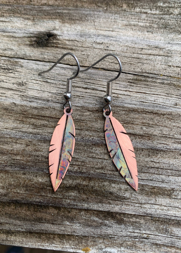 Copper Mini Feather Earrings, lightweight handmade copper feather earrings featuring contrasting fire-painted and brushed finishes