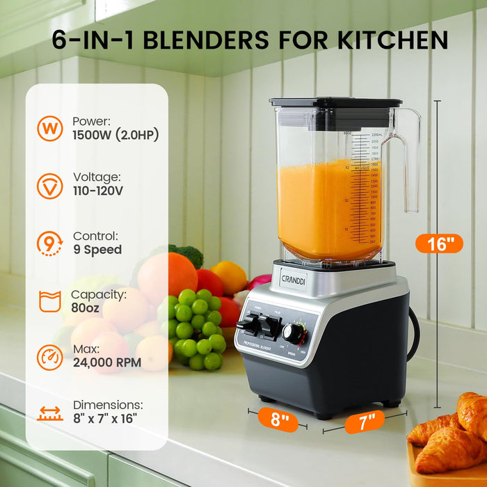 CRANDDI Professional Smoothie Blender, 80oz Countertop Blenders for Smoothies, Shakes & Ice Crushing, 1500W Compact Commercial Kitchen Blender with Stainless Steel Blade, 120V, K96