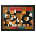 Crazy Quilt Cat 6x8 Tile by Motawi, featuring a playful cat design with checkerboard borders, stitched quilt textures, and warm earth tones