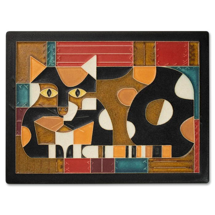 Crazy Quilt Cat 6x8 Tile by Motawi, featuring a playful cat design with checkerboard borders, stitched quilt textures, and warm earth tones