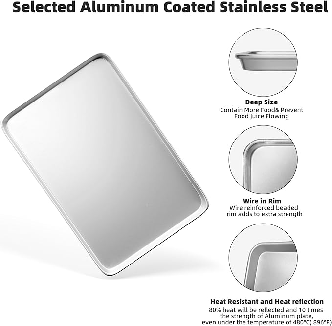 CROSSON 16× 24 Inch Cookie Sheet Pans Set of 12-Baking Tray Jelly Roll Pan Set Commercial Grade Aluminum Coated Statinless Steel Bun Pan for Oven,Freezer,Bakery Hotel Restaurant