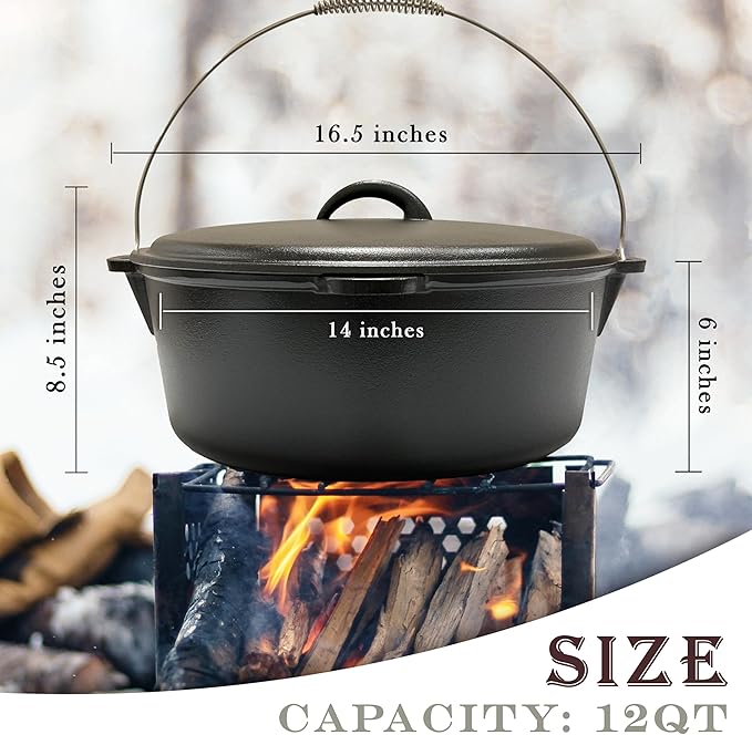 Cuisiland 12 Quart Cast Iron Dutch Oven with Dome lid & Bail Handle