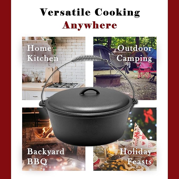 Cuisiland 12 Quart Cast Iron Dutch Oven with Dome lid & Bail Handle