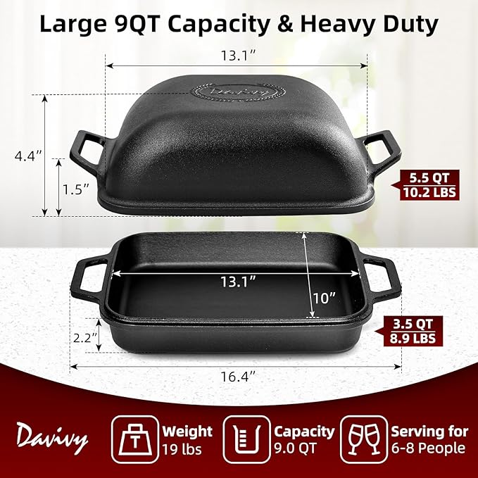 Davivy 9QT Large Cast Iron Bread Loaf Pan with Lid, Dutch Oven for Sourdough Bread Baking, Non-stick Cast Iron Sourdough Baking Pan with Lid, 12.3" x 9.2", Matte Black